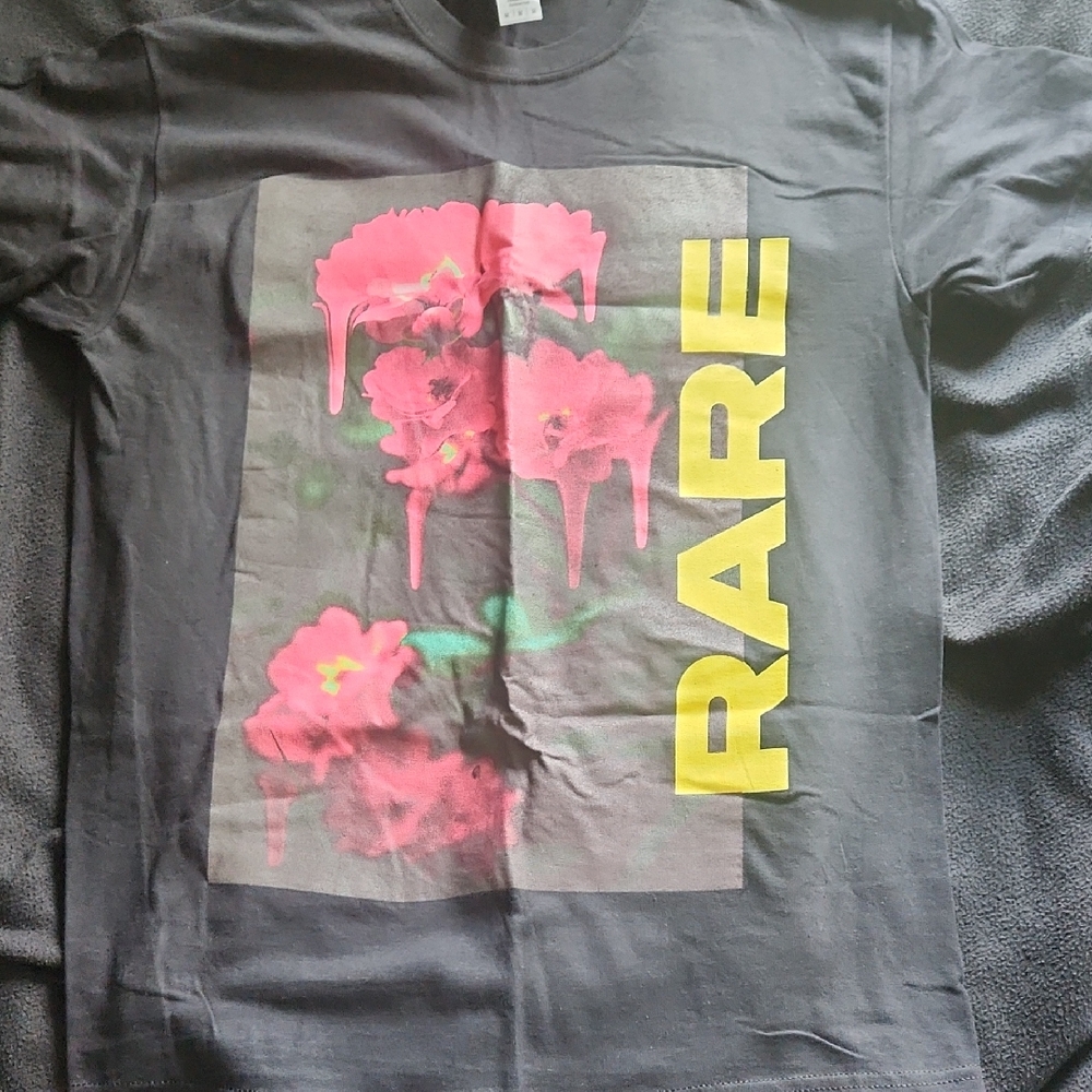 Black T-Shirt with Pink Floral and Yellow Text